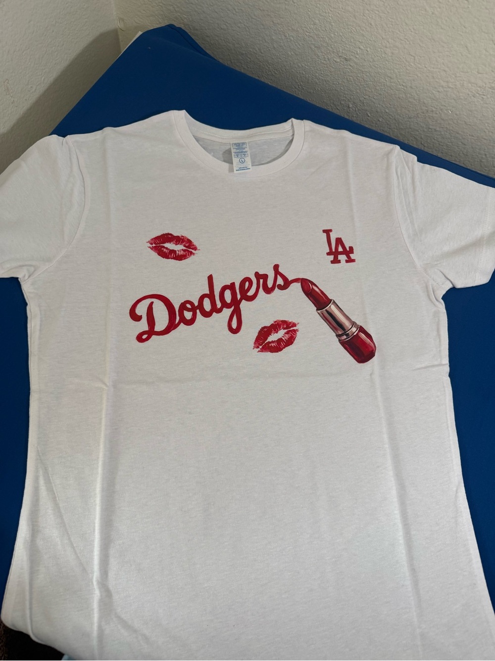 Los Angeles Dodgers White Tee with Red Lipstick Graphic